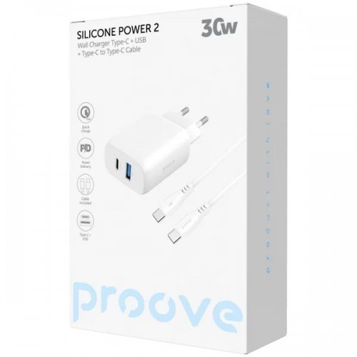 Мережевий зарядний пристрій Proove Silicone Power 2 30W USB + USB Type-C + Cable USB Type-C to USB Type-C (WCSP23011002) White купити в Україні: Київ, Львів, Хмельницький, Тернопіль, Івано-Франківськ | Низька ціна, відгуки, характеристики від TELEMART фото