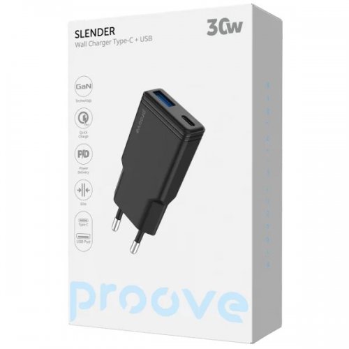 Мережевий зарядний пристрій Proove Slender USB + USB Type-C 30W (WCSL30110001) Black купити в Україні: Київ, Львів, Хмельницький, Тернопіль, Івано-Франківськ | Низька ціна, відгуки, характеристики від TELEMART фото