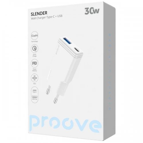 Мережевий зарядний пристрій Proove Slender USB + USB Type-C 30W (WCSL30110002) White купити в Україні: Київ, Львів, Хмельницький, Тернопіль, Івано-Франківськ | Низька ціна, відгуки, характеристики від TELEMART фото