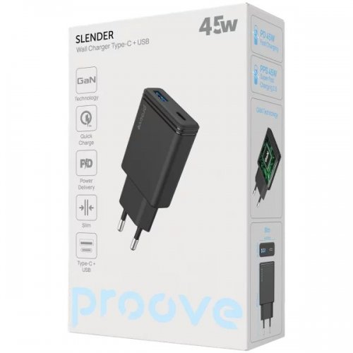 Мережевий зарядний пристрій Proove Slender USB + USB Type-C 45W (WCSL45110001) Black купити в Україні: Київ, Львів, Хмельницький, Тернопіль, Івано-Франківськ | Низька ціна, відгуки, характеристики від TELEMART фото