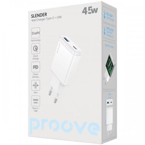 Мережевий зарядний пристрій Proove Slender USB + USB Type-C 45W (WCSL45110002) White купити в Україні: Київ, Львів, Хмельницький, Тернопіль, Івано-Франківськ | Низька ціна, відгуки, характеристики від TELEMART фото