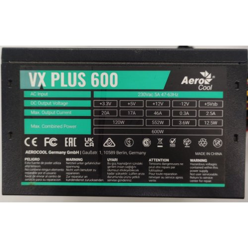 Блок живлення Aerocool VX Plus 600W (ACPN-VS60NEY.11) (Відновлено продавцем, 863810) купити в Україні: Київ, Львів, Хмельницький, Тернопіль, Івано-Франківськ | Перевірка сумісності, низька ціна, відгуки, характеристики від TELEMART фото