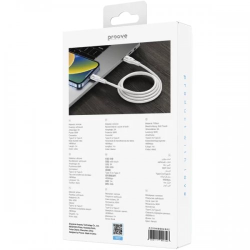 Кабель Proove Soft Silicone USB Type-C to USB Type-C 60W 1m (CCSO60002202) White купить в Украине: Киев, Днепр, Харьков, Одесса  | Низкая цена, отзывы, характеристики от TELEMART фото