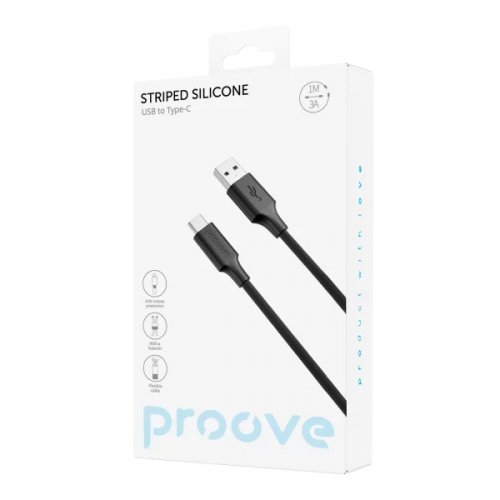 Кабель Proove Striped Silicone USB to USB Type-C 3А 1m (CCSS60001201) Black купить в Украине: Киев, Днепр, Харьков, Одесса  | Низкая цена, отзывы, характеристики от TELEMART фото