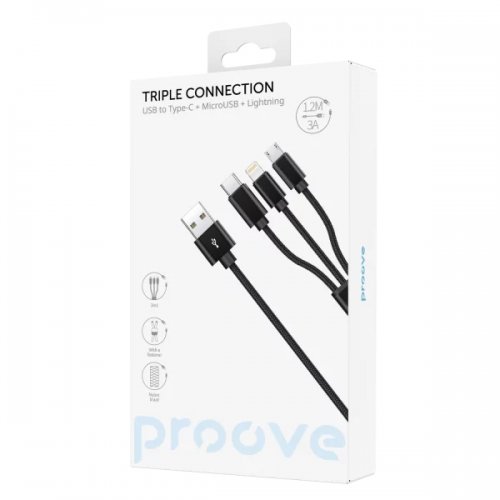 Кабель Proove Triple Connection 3 in 1 USB Type-C + Micro USB + Lightning 1.2m (CCTC20001501) Black купить в Украине: Киев, Днепр, Харьков, Одесса  | Низкая цена, отзывы, характеристики от TELEMART фото
