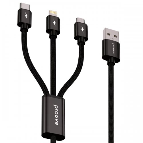 Кабель Proove Triple Connection 3 in 1 USB Type-C + Micro USB + Lightning 1.3m (CCTC15001501) Black купить в Украине: Киев, Днепр, Харьков, Одесса  | Низкая цена, отзывы, характеристики от TELEMART фото