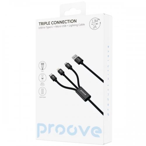 Кабель Proove Triple Connection 3 in 1 USB Type-C + Micro USB + Lightning 1.3m (CCTC15001501) Black купить в Украине: Киев, Днепр, Харьков, Одесса  | Низкая цена, отзывы, характеристики от TELEMART фото