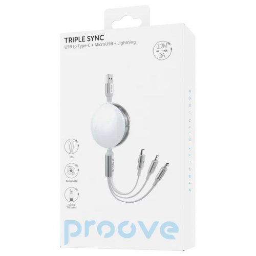 Кабель Proove Triple Sync 3 in 1 USB Type-C + Micro USB + Lightning 1.2m (CCTS20001502) White купить в Украине: Киев, Днепр, Харьков, Одесса  | Низкая цена, отзывы, характеристики от TELEMART фото