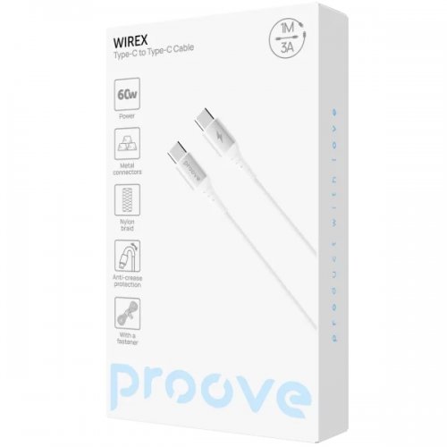 Кабель Proove WireX USB Type-C to USB Type-C 60W 1m (CCWX60002202) White купить в Украине: Киев, Днепр, Харьков, Одесса  | Низкая цена, отзывы, характеристики от TELEMART фото