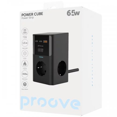 Сетевой фильтр Proove Power Cube 1.5 м 3 розетки + USB + 2 x USB Type-C (PSPC36801201) Black купить в Украине: Киев, Днепр, Харьков, Одесса  | Низкая цена, отзывы, характеристики от TELEMART фото