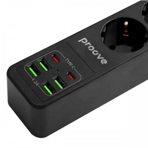 Сетевой фильтр Proove Power Socket P-03 2 м 3 розетки + 4 x USB + 2 x USB Type-C (PSP342420001) Black купить в Украине: Киев, Днепр, Харьков, Одесса  | Низкая цена, отзывы, характеристики от TELEMART фото
