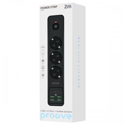 Сетевой фильтр Proove Power Socket P-03 2 м 3 розетки + 4 x USB + 2 x USB Type-C (PSP342420001) Black купить в Украине: Киев, Днепр, Харьков, Одесса  | Низкая цена, отзывы, характеристики от TELEMART фото
