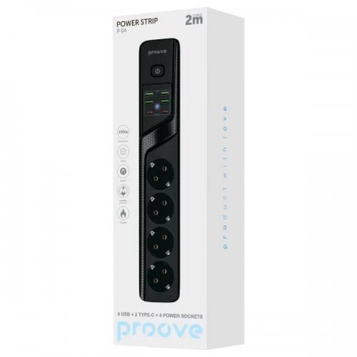 Сетевой фильтр Proove Power Socket P-04 2 м 4 розетки + 4 x USB + 2 x USB Type-C (PSP442420001) Black купить в Украине: Киев, Днепр, Харьков, Одесса  | Низкая цена, отзывы, характеристики от TELEMART фото