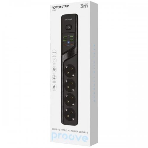 Сетевой фильтр Proove Power Socket P-04 3 м 4 розетки + 4 x USB + 2 x USB Type-C (PSP442430001) Black купить в Украине: Киев, Днепр, Харьков, Одесса  | Низкая цена, отзывы, характеристики от TELEMART фото