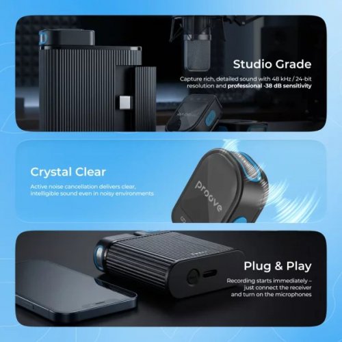 Бездротовий петличний мікрофон Proove DualCast (PDWM00002001) Black купити в Україні: Київ, Львів, Хмельницький, Тернопіль, Івано-Франківськ | Низька ціна, відгуки, характеристики від TELEMART фото