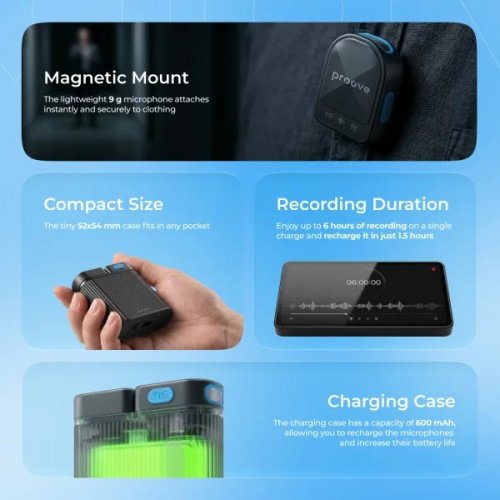 Бездротовий петличний мікрофон Proove DualCast (PDWM00002001) Black купити в Україні: Київ, Львів, Хмельницький, Тернопіль, Івано-Франківськ | Низька ціна, відгуки, характеристики від TELEMART фото