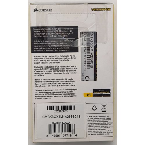Озу Corsair SODIMM DDR4 8GB 2666 Vengeance Black (CMSX8GX4M1A2666C18) (Состояние нового, 864753) купить в Украине: Киев, Днепр, Харьков, Одесса  | Проверка совместимости, низкая цена, отзывы, характеристики от TELEMART фото