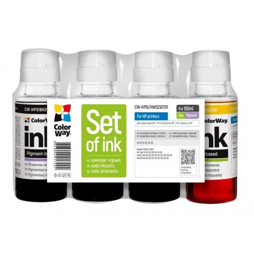 Комплект чернил ColorWay HP HP51/HW52 4x100ml (CW-HP51/HW52SET01) BK/С/M/Y купить в Украине: Киев, Днепр, Харьков, Одесса  | Низкая цена, отзывы, характеристики от TELEMART фото