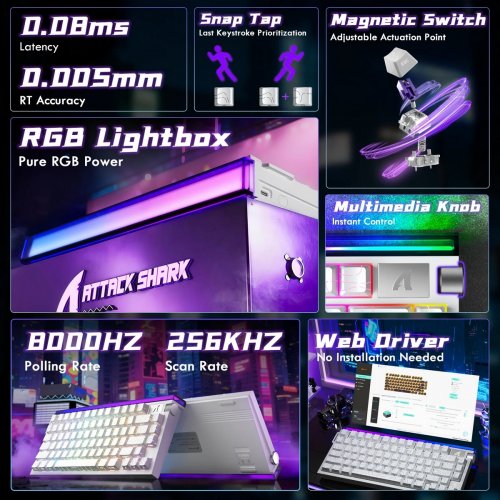 Клавиатура Attack Shark R85 RGB HE Magnetic Purple Mandrel Switches (AS-6972792472546-CWL) White Contours купить в Украине: Киев, Днепр, Харьков, Одесса  | Низкая цена, отзывы, характеристики от TELEMART фото