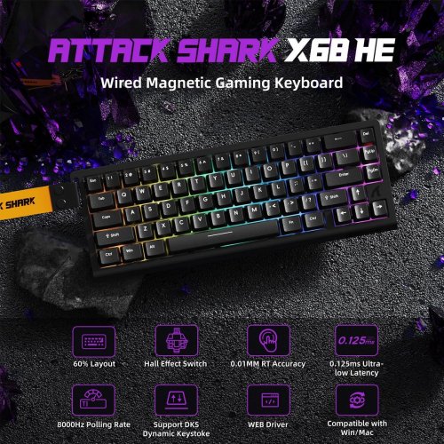 Клавиатура Attack Shark X68 RGB HE Magnetic Linear Switches (AS-6972792471044-B-UA) Black купить в Украине: Киев, Днепр, Харьков, Одесса  | Низкая цена, отзывы, характеристики от TELEMART фото