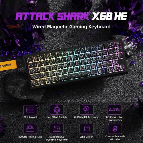 Клавиатура Attack Shark X68 RGB HE Magnetic Linear Switches (AS-6972792470634-BK) Black Contours купить в Украине: Киев, Днепр, Харьков, Одесса  | Низкая цена, отзывы, характеристики от TELEMART фото