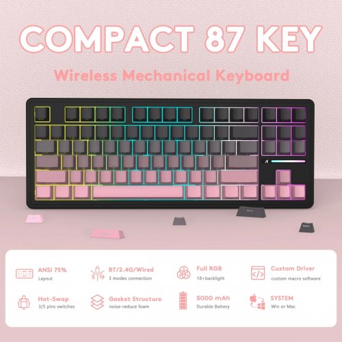 Клавиатура Attack Shark M87 Pro V2 RGB Linear White Jade Switch Wireless (AS-6972792470467-B) Gradient Pink купить в Украине: Киев, Днепр, Харьков, Одесса  | Низкая цена, отзывы, характеристики от TELEMART фото