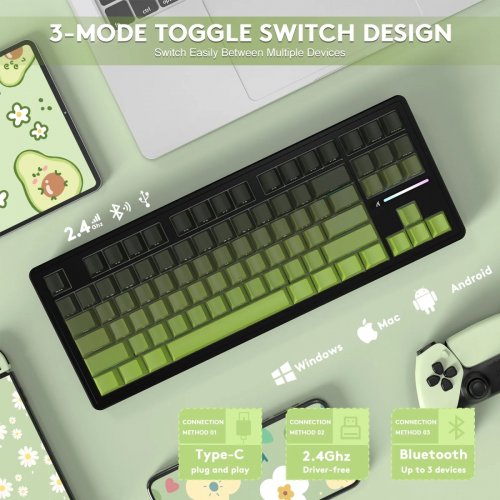 Клавиатура Attack Shark M87 Pro V2 RGB Linear White Jade Switch Wireless (AS-697279247163-M) Gradient Green купить в Украине: Киев, Днепр, Харьков, Одесса  | Низкая цена, отзывы, характеристики от TELEMART фото