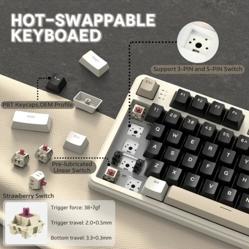 Клавиатура Attack Shark X87 RGB Linear Strawberry Switch Wireless (AS-6972792471471-CW) Cheese White купить в Украине: Киев, Днепр, Харьков, Одесса  | Низкая цена, отзывы, характеристики от TELEMART фото