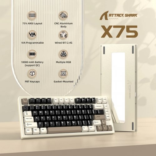 Клавиатура Attack Shark X75 RGB Kailh MX Crystal Switches Wireless (AS-6972792471457-CW-UA) Cheese White купить в Украине: Киев, Днепр, Харьков, Одесса  | Низкая цена, отзывы, характеристики от TELEMART фото