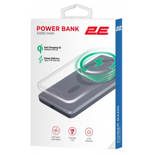 Powerbank 2E Slim Wireless QI 5000mAh 20W (2E-PB0515-GREY) Grey купити в Україні: Київ, Львів, Хмельницький, Тернопіль, Івано-Франківськ | Низька ціна, відгуки, характеристики від TELEMART фото