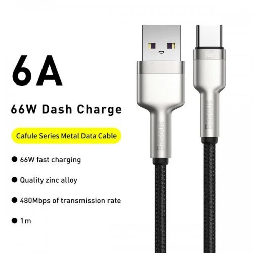 Кабель Baseus Cafule Metal USB to USB Type-C 66W 0.25m (CAKF000001) Black купити в Україні: Київ, Львів, Хмельницький, Тернопіль, Івано-Франківськ | Низька ціна, відгуки, характеристики від TELEMART фото