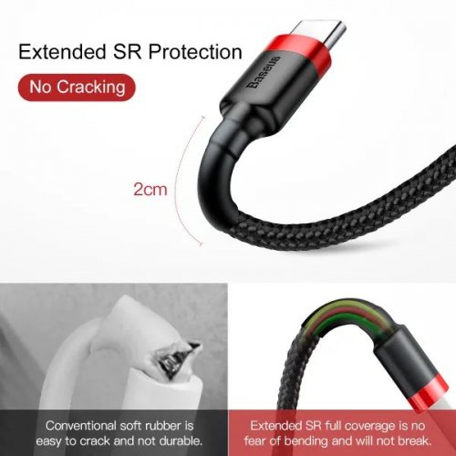 Кабель Baseus Cafule USB to USB Type-C 2A 3m (CATKLF-U91) Black/Red купити в Україні: Київ, Львів, Хмельницький, Тернопіль, Івано-Франківськ | Низька ціна, відгуки, характеристики від TELEMART фото