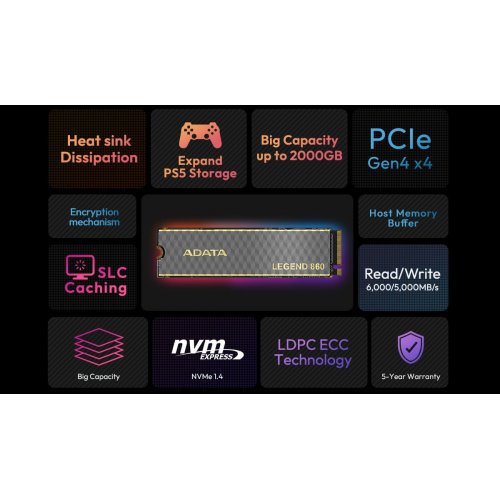 SSD-диск ADATA Legend 860 3D NAND 2TB M.2 (2280 PCI-E) (SLEG-860-2000GCS) купить в Украине: Киев, Днепр, Харьков, Одесса  | Проверка совместимости, низкая цена, отзывы, характеристики от TELEMART фото