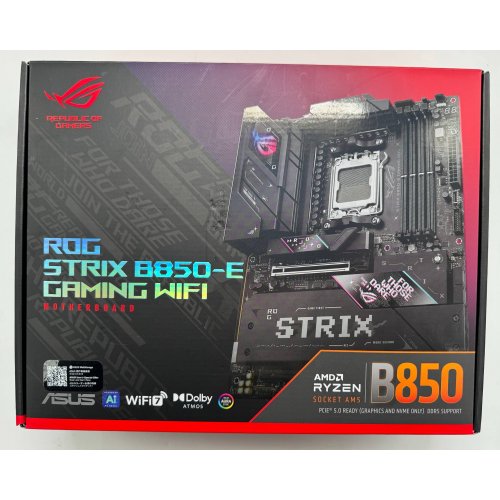 Материнська плата Asus ROG STRIX B850-E GAMING WIFI (sAM5, AMD B850) (Відновлено продавцем, 867798) купити в Україні: Київ, Львів, Хмельницький, Тернопіль, Івано-Франківськ | Перевірка сумісності, низька ціна, відгуки, характеристики від TELEMART фото