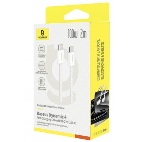 Кабель Baseus Dynamic 4 Series USB Type-C to USB Type-C 100W 2m (P10381400211-01) White купити в Україні: Київ, Львів, Хмельницький, Тернопіль, Івано-Франківськ | Низька ціна, відгуки, характеристики від TELEMART фото