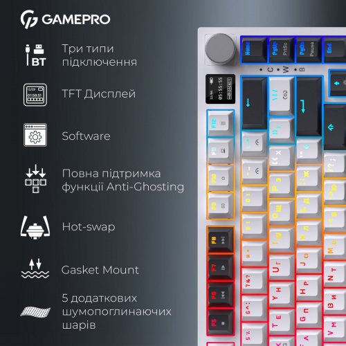 Клавиатура GamePro Asgard Valhalla Pro QLAB Sakura Switch Wireless with Display (MK160-W-D-QS-PRO) White купить в Украине: Киев, Днепр, Харьков, Одесса  | Низкая цена, отзывы, характеристики от TELEMART фото