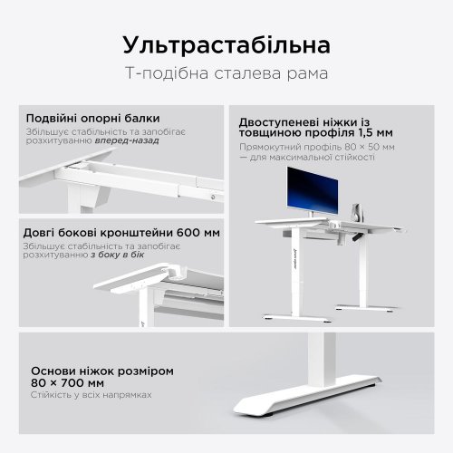 Комп'ютерний стіл з електрорегулюванням висоти Anda Seat Xtreme Pro 140 (AD-D-DD1-1400-08-W) White купити в Україні: Київ, Львів, Хмельницький, Тернопіль, Івано-Франківськ | Низька ціна, відгуки, характеристики від TELEMART фото