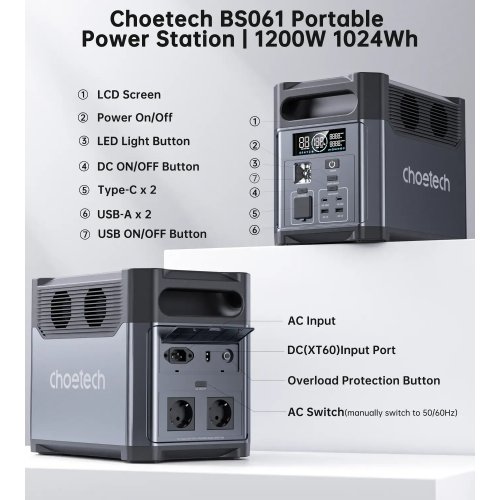 Зарядная станция Choetech BS061-BQB 1200W 1024Wh купить в Украине: Киев, Днепр, Харьков, Одесса  | Низкая цена, отзывы, характеристики от TELEMART фото