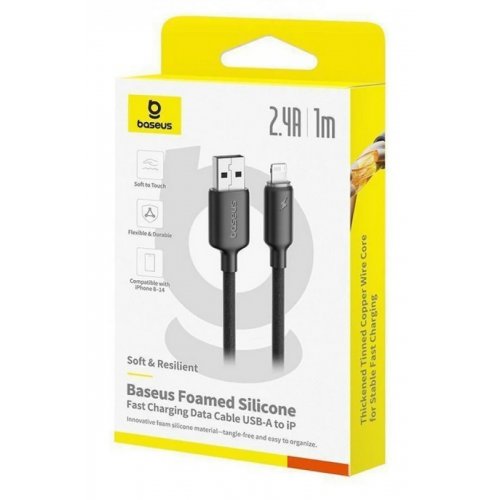 Кабель Baseus Foamed Silicone USB to Lightning 2.4A 1m (E0426900) Black купить в Украине: Киев, Днепр, Харьков, Одесса  | Низкая цена, отзывы, характеристики от TELEMART фото