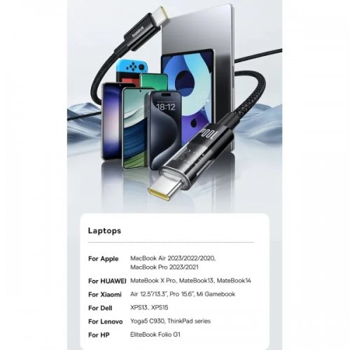 Кабель Baseus Gem Series USB Type-C to USB Type-C 100W 1m (P10373000111-00) Black купити в Україні: Київ, Львів, Хмельницький, Тернопіль, Івано-Франківськ | Низька ціна, відгуки, характеристики від TELEMART фото