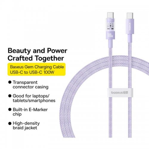Кабель Baseus Gem Series USB Type-C to USB Type-C 100W 1m (P10373000511-00) Purple купити в Україні: Київ, Львів, Хмельницький, Тернопіль, Івано-Франківськ | Низька ціна, відгуки, характеристики від TELEMART фото