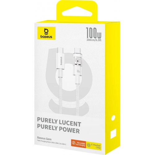 Кабель Baseus Gem Series USB Type-C to USB Type-C 100W 2m (P10373000211-01) White купить в Украине: Киев, Днепр, Харьков, Одесса  | Низкая цена, отзывы, характеристики от TELEMART фото