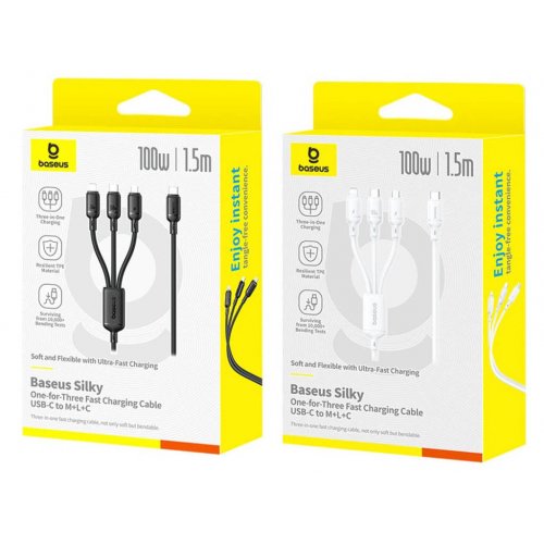 Кабель Baseus Silky 3 in 1 USB Type-C to Lightning/Micro-USB/Type-C 100W 1.5m (P10377706123-00) Black купить в Украине: Киев, Днепр, Харьков, Одесса  | Низкая цена, отзывы, характеристики от TELEMART фото