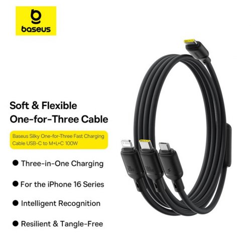 Кабель Baseus Silky 3 in 1 USB Type-C to Lightning/Micro-USB/Type-C 100W 1.5m (P10377706123-00) Black купить в Украине: Киев, Днепр, Харьков, Одесса  | Низкая цена, отзывы, характеристики от TELEMART фото