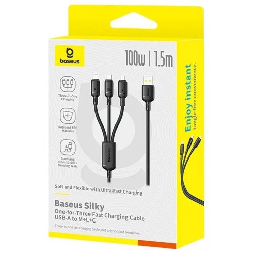 Кабель Baseus Silky 3 in 1 USB to Lightning/Micro-USB/Type-C 100W 1.5m (P10377705123-00) Black купить в Украине: Киев, Днепр, Харьков, Одесса  | Низкая цена, отзывы, характеристики от TELEMART фото