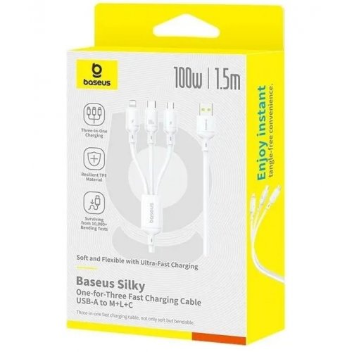 Кабель Baseus Silky 3 in 1 USB to Lightning/Micro-USB/Type-C 100W 1.5m (P10377705213-00) White купить в Украине: Киев, Днепр, Харьков, Одесса  | Низкая цена, отзывы, характеристики от TELEMART фото
