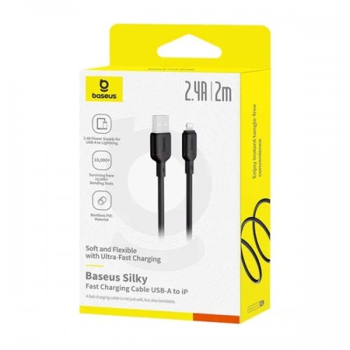 Кабель Baseus Silky Series USB to Lightning 2.4A 2m (P10377702113-01) Black купить в Украине: Киев, Днепр, Харьков, Одесса  | Низкая цена, отзывы, характеристики от TELEMART фото