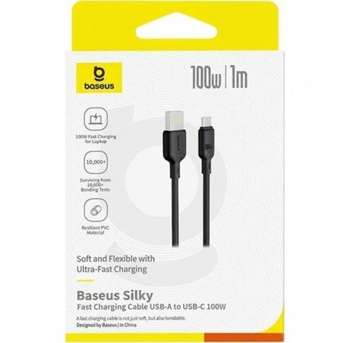 Кабель Baseus Silky Series USB to USB Type-C 100W 1m (P10377703113-00) Black купити в Україні: Київ, Львів, Хмельницький, Тернопіль, Івано-Франківськ | Низька ціна, відгуки, характеристики від TELEMART фото