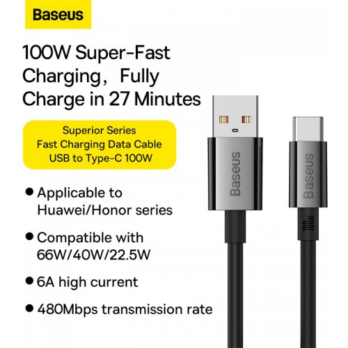 Кабель Baseus Superior Series USB to USB Type-C 100W 1m (P10320102114-00) Black купити в Україні: Київ, Львів, Хмельницький, Тернопіль, Івано-Франківськ | Низька ціна, відгуки, характеристики від TELEMART фото