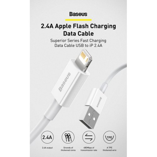 Кабель Baseus Superior Series USB to Lightning 2.4A 1.5m (CALYS-B02) White купити в Україні: Київ, Львів, Хмельницький, Тернопіль, Івано-Франківськ | Низька ціна, відгуки, характеристики від TELEMART фото